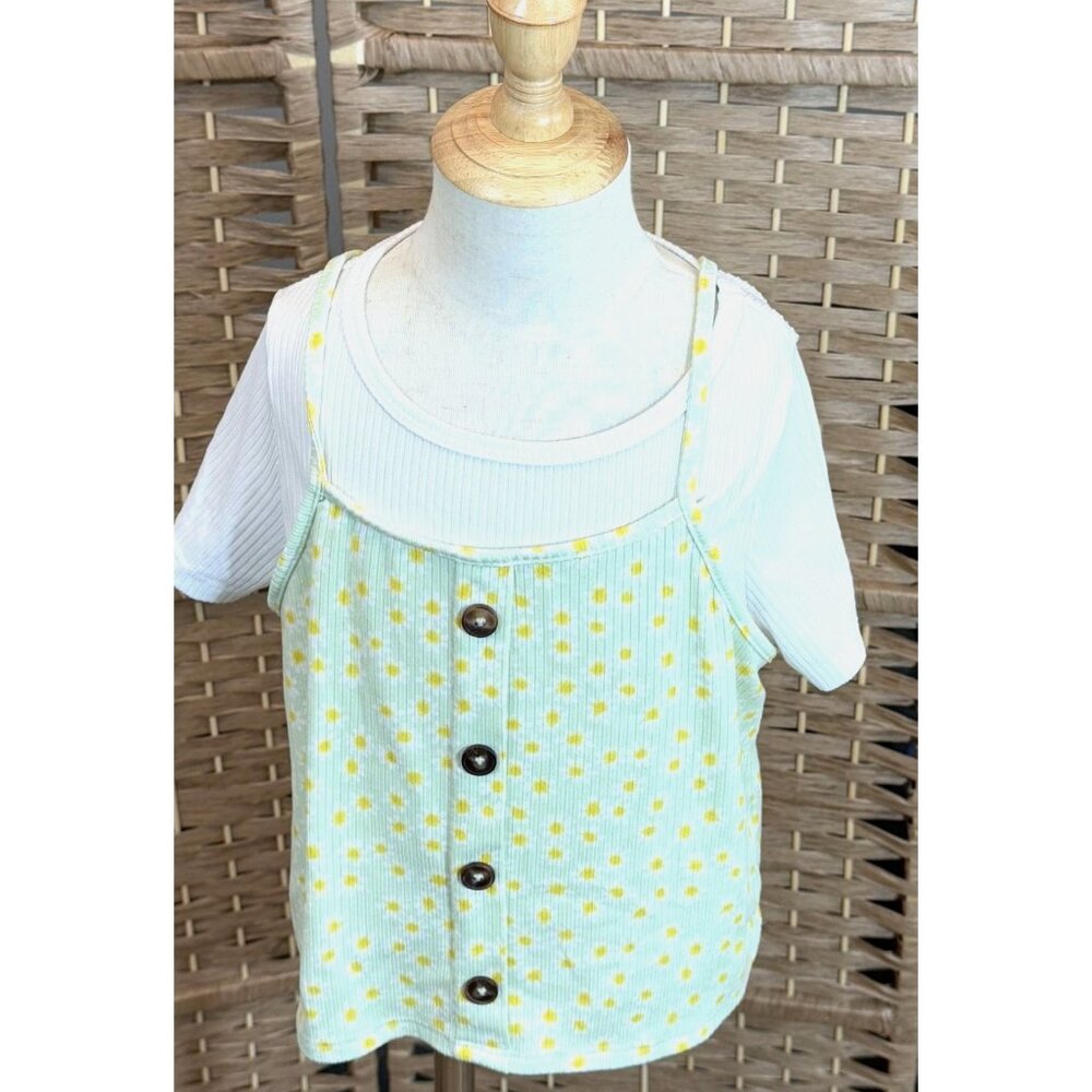 Heart And Arrow Kids Layered Top With Daisy Print & Button Detail